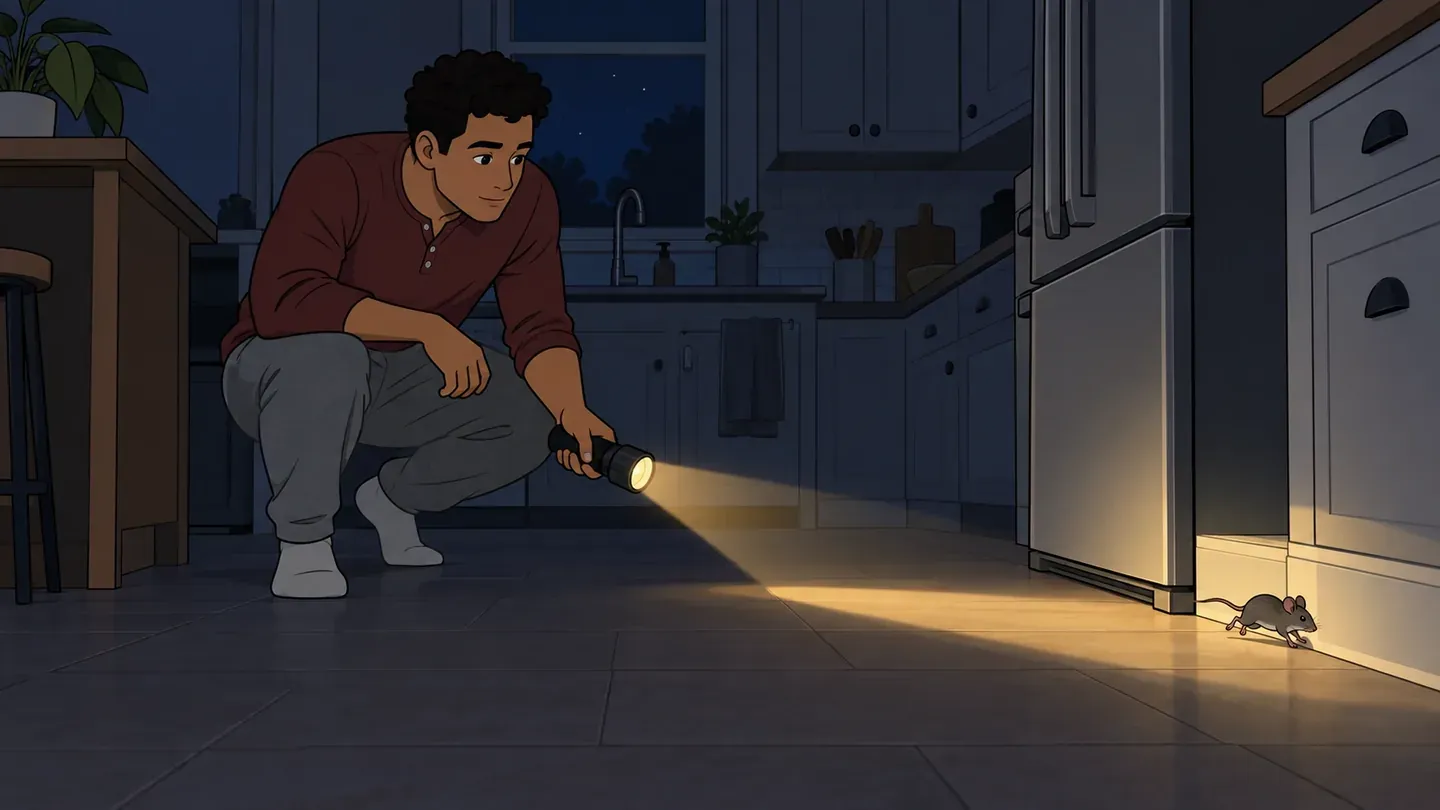 At night, a man shines a flashlight along the kitchen baseboard beside the refrigerator and spots a small gray mouse, a nocturnal visitor, running close to the wall