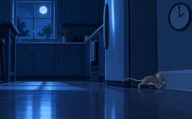 Illustration: dark kitchen at night seen from floor level, moonlight through the window, a small gray mouse running along the baseboard past the fridge, a wall clock showing 2 a.m.