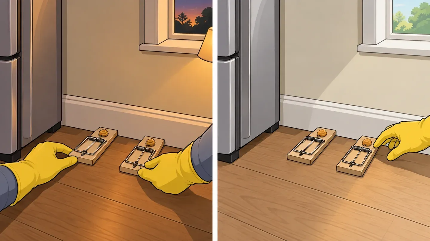 Two panels: in the evening, gloved hands set two small wooden snap traps beside a refrigerator, baited ends touching the baseboard; the next morning, in daylight, a gloved hand reaches in to check the same traps