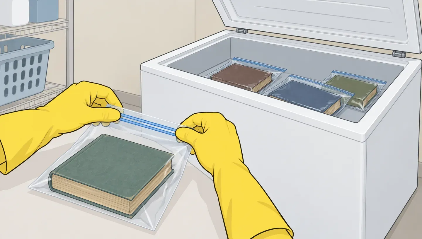 Gloved hands seal an old book inside a clear plastic bag beside an open chest freezer holding more bagged books