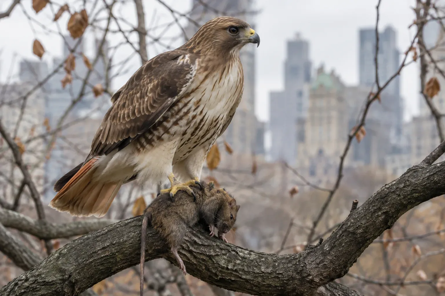 A red-tailed hawk perched on a branch in a city park, holding a dead rat in its talons