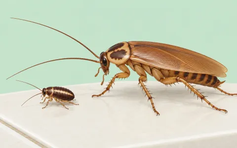 Illustration: accurate close-up of a baby German cockroach nymph (dark brown, wingless, a pale stripe down the middle of its back) beside a much bigger tan adult cockroach for scale, on a pale kitchen tile.