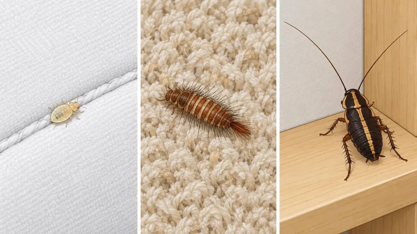 Three panels drawn to the same scale: a pale bed bug nymph on a mattress seam, a hairy carpet beetle larva on a wool rug, and a dark German cockroach nymph with a pale stripe on a kitchen cabinet shelf