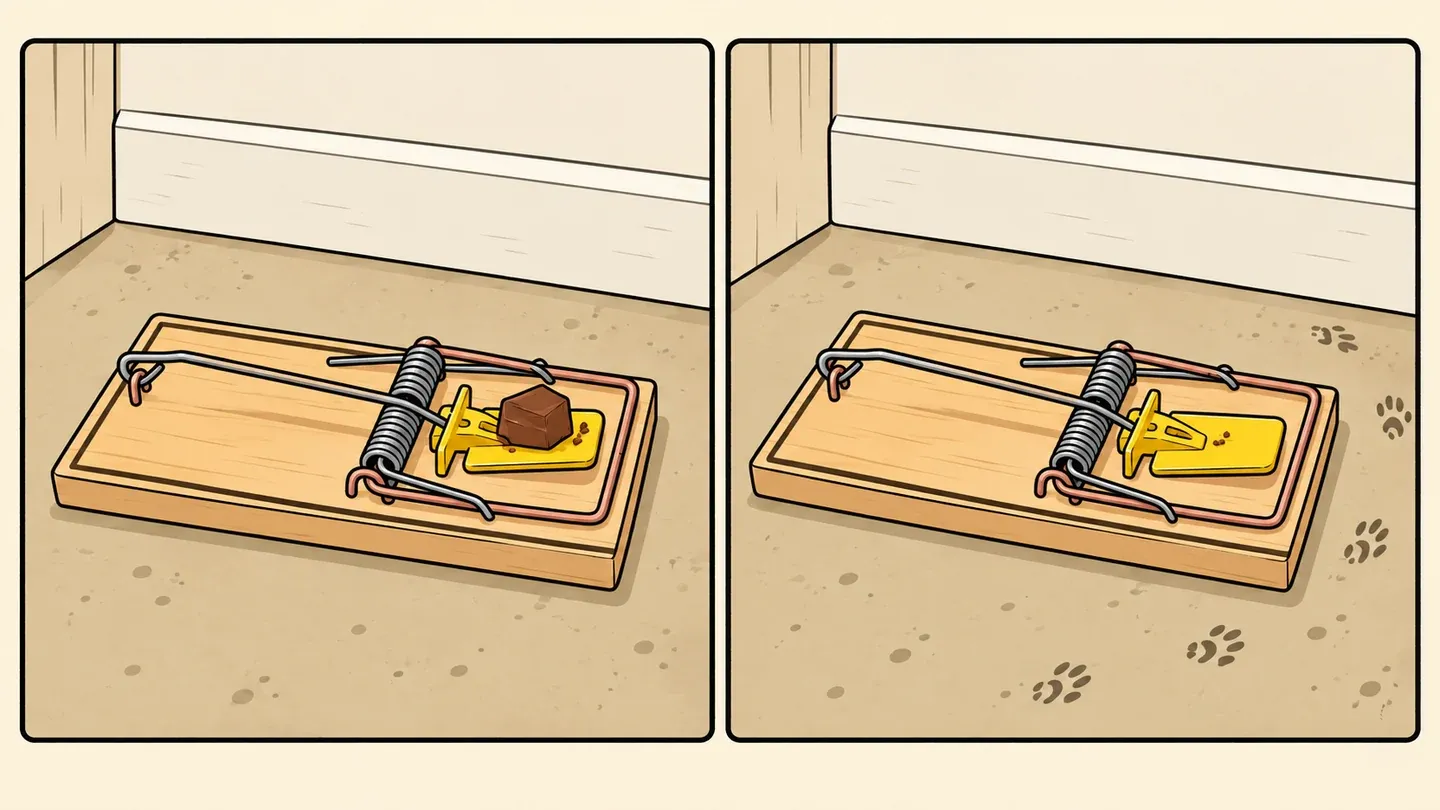 Two-panel illustration of bait remaining on a trap trigger, then disappearing while the trap stays untriggered