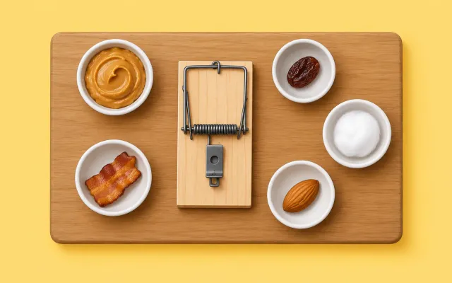 Illustration: top-down flat lay on a wooden board: a rat snap trap in the center surrounded by small bowls of bait options: peanut butter, a dried fruit piece, a bacon bit, a nut, a cotton ball.