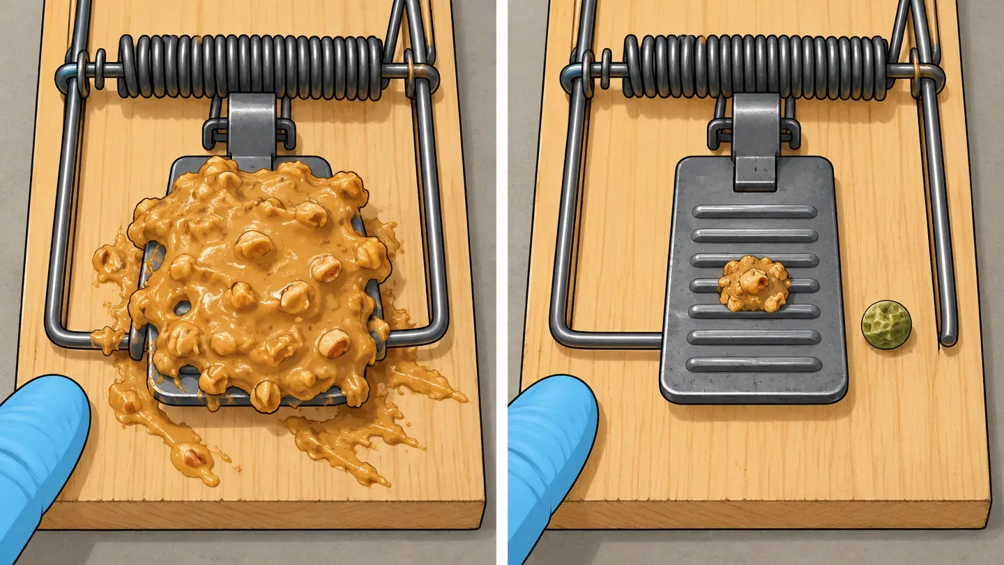 Two panels: a glob of peanut butter spilling over a rat trap pedal, and a pea-sized dab pressed into the pedal with a dried pea beside it for scale