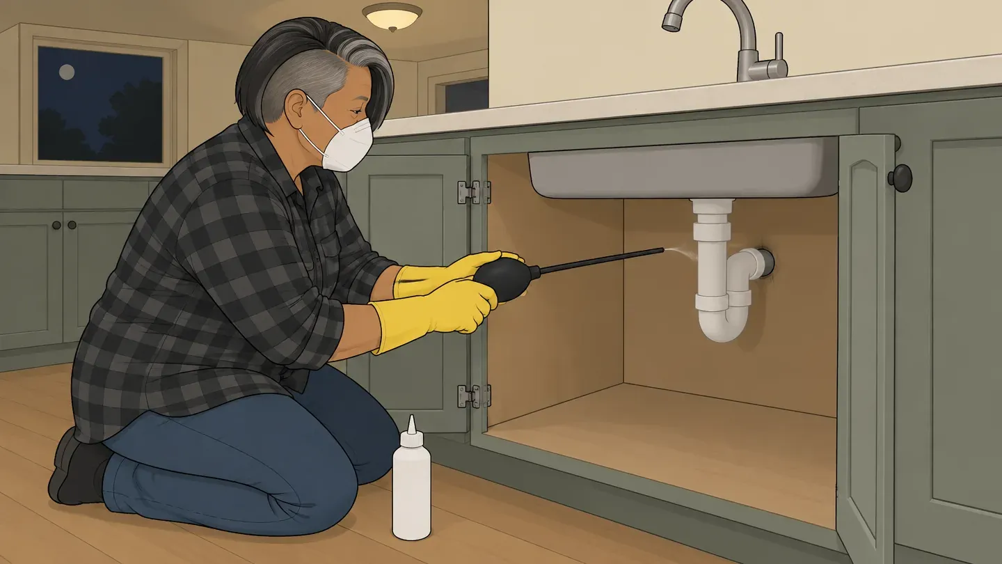 A woman in a charcoal flannel shirt puffs boric acid from a bulb duster into the gap around the drain pipe under a kitchen sink