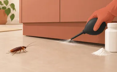Illustration: squeeze bulb duster puffing a fine, barely visible film of white powder into the gap under a kitchen cabinet toe-kick, the boric acid bottle beside it, one cockroach walking toward the dust.