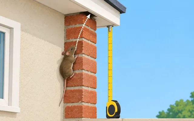 Illustration: side-view illustration of a brick and stucco house wall with a mouse climbing the rough brick corner, dotted arrow path up to a small gap under the eave, a tape measure showing the height.