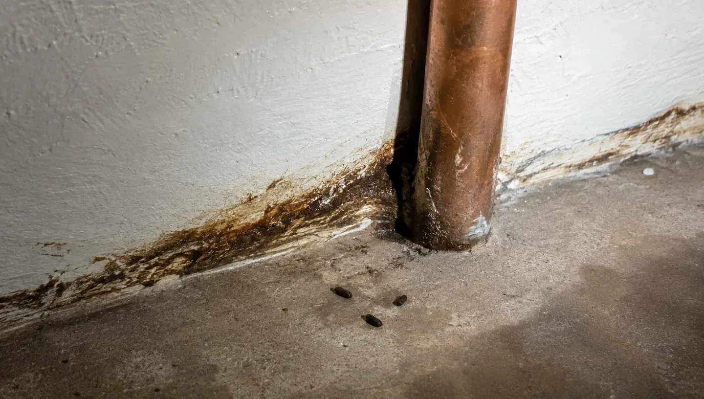 A dark greasy rub mark along the bottom of a basement wall leading to a gap around a copper pipe, with mouse droppings on the floor