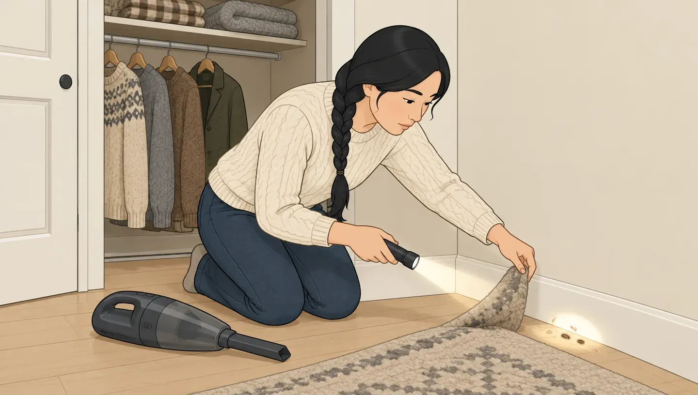 A woman in a cream knit sweater kneels with a flashlight at a closet baseboard, checking for carpet beetle larvae
