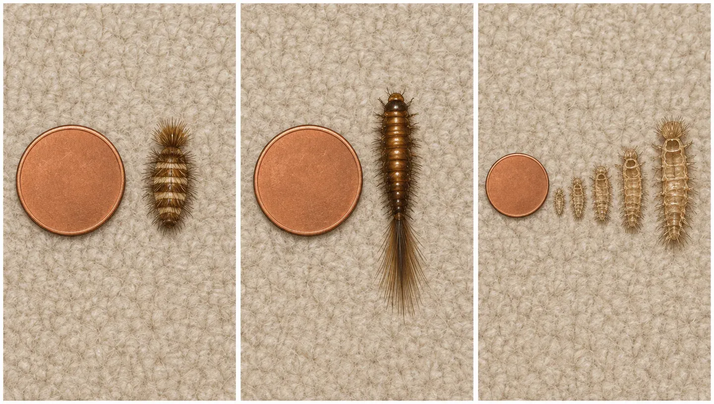 Varied and black carpet beetle larvae and a row of shed skins, to scale beside a coin