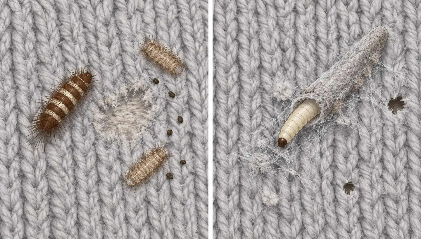 A hairy carpet beetle larva with shed skins beside a clothes moth larva in a silk tube
