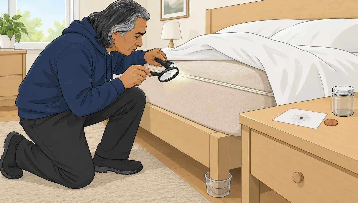 A man checks a mattress seam with a flashlight and hand lens to tell a carpet beetle from a bed bug