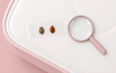 Illustration: top-down view of a white mattress corner with a clear tape strip holding two tiny specimens side by side for comparison: a round, mottled carpet beetle and a flat, oval, reddish-brown bed bug, a coin-sized magnifier beside them.