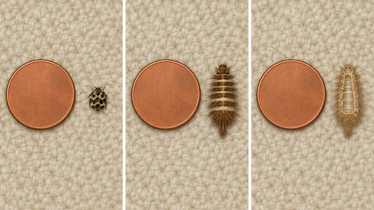 Three panels to scale beside a plain coin: a round speckled adult carpet beetle, a hairy striped larva, and an empty bristly shed skin