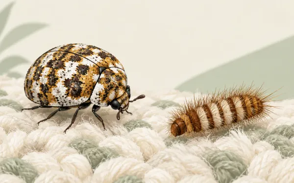 Illustration: accurate close-up of a round varied carpet beetle (mottled white, brown and yellow scales) and its fuzzy banded larva on wool rug fibers.