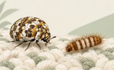 Illustration: accurate close-up of a round varied carpet beetle (mottled white, brown and yellow scales) and its fuzzy banded larva on wool rug fibers.