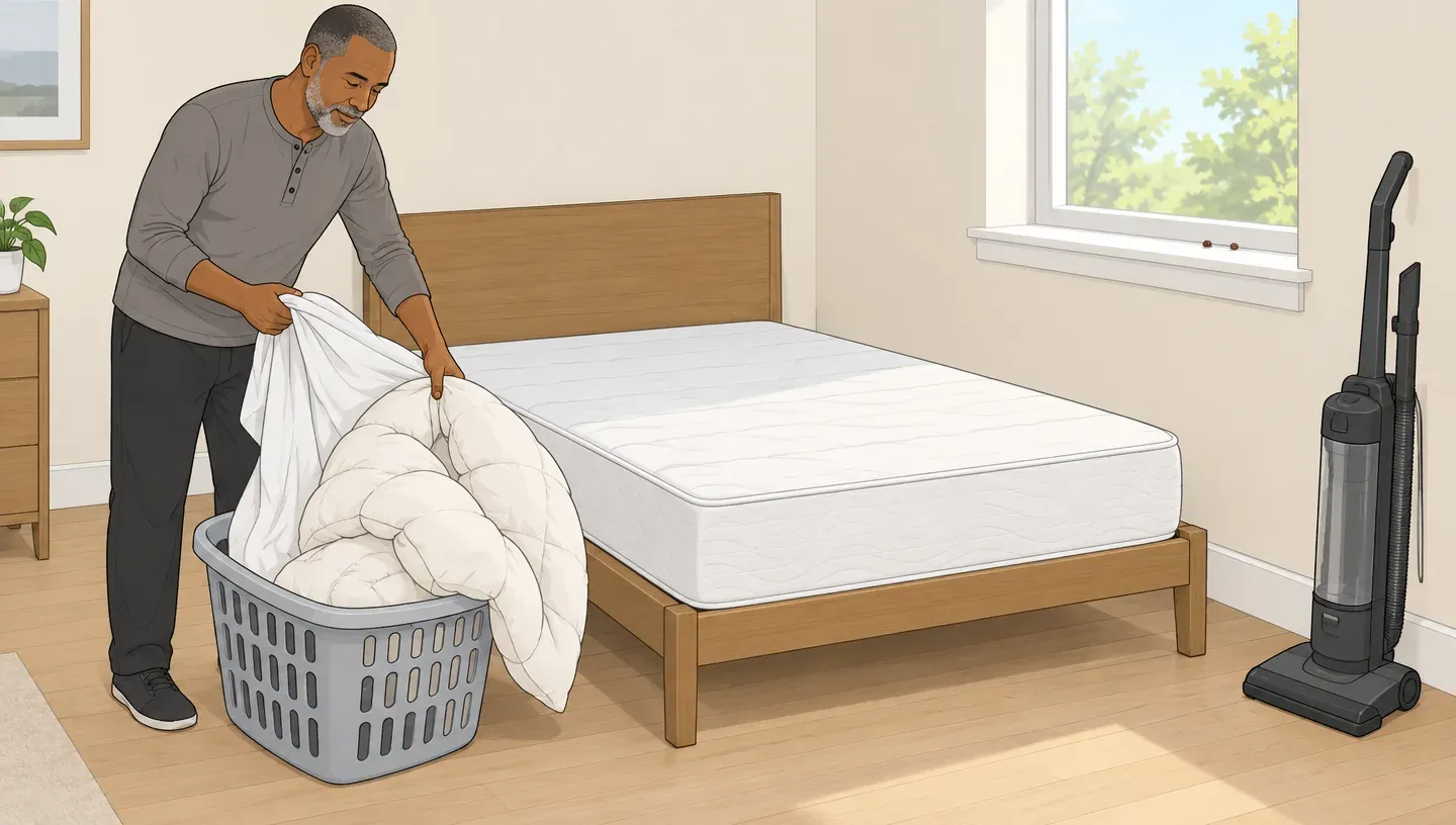 A man strips the sheets and a comforter off his bed into a laundry basket, the bed pulled away from the wall