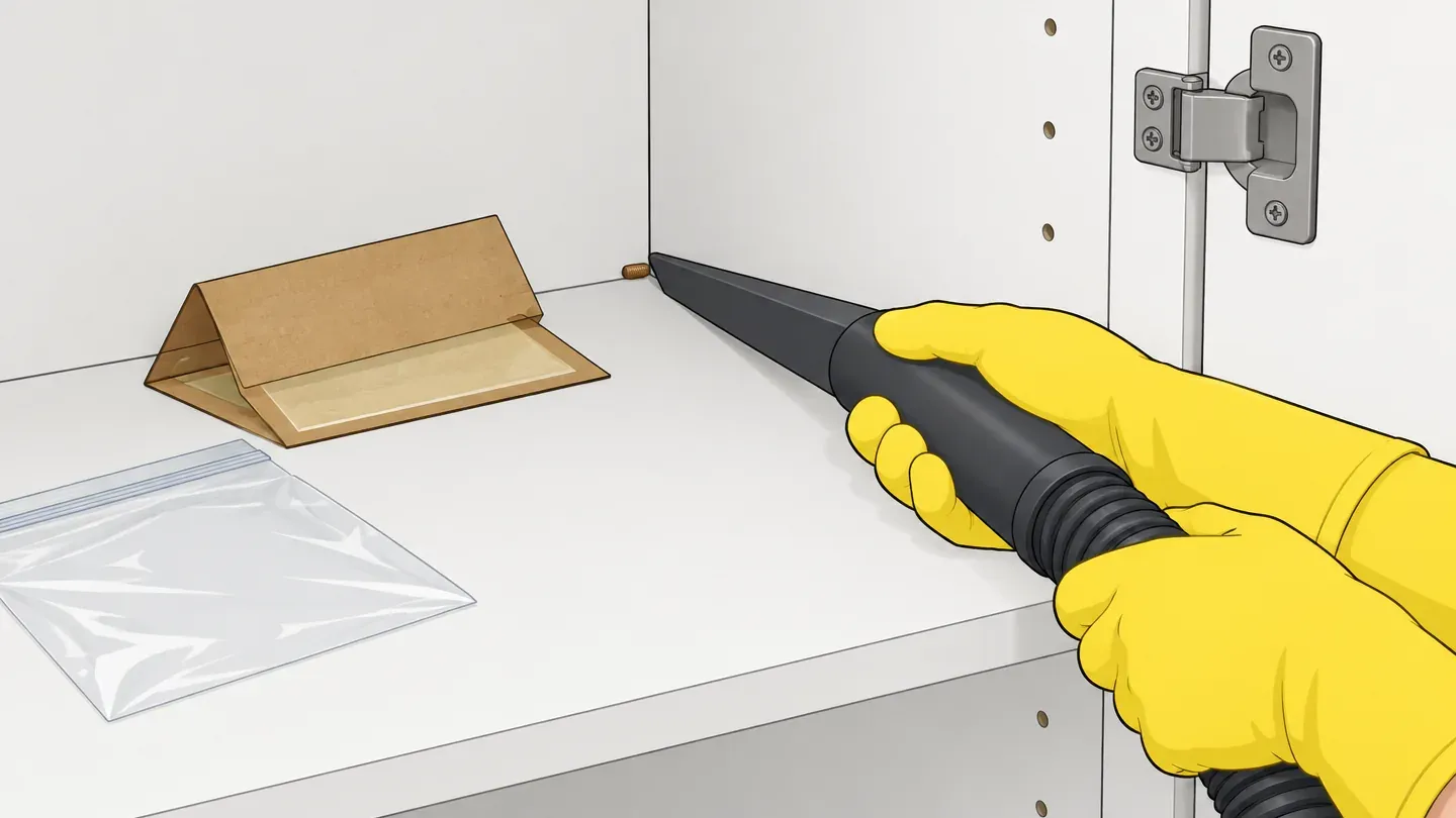 Gloved hands use a vacuum crevice tool on the back corner of a kitchen cabinet next to a hinge, with a sealed plastic bag and a sticky trap on the shelf nearby