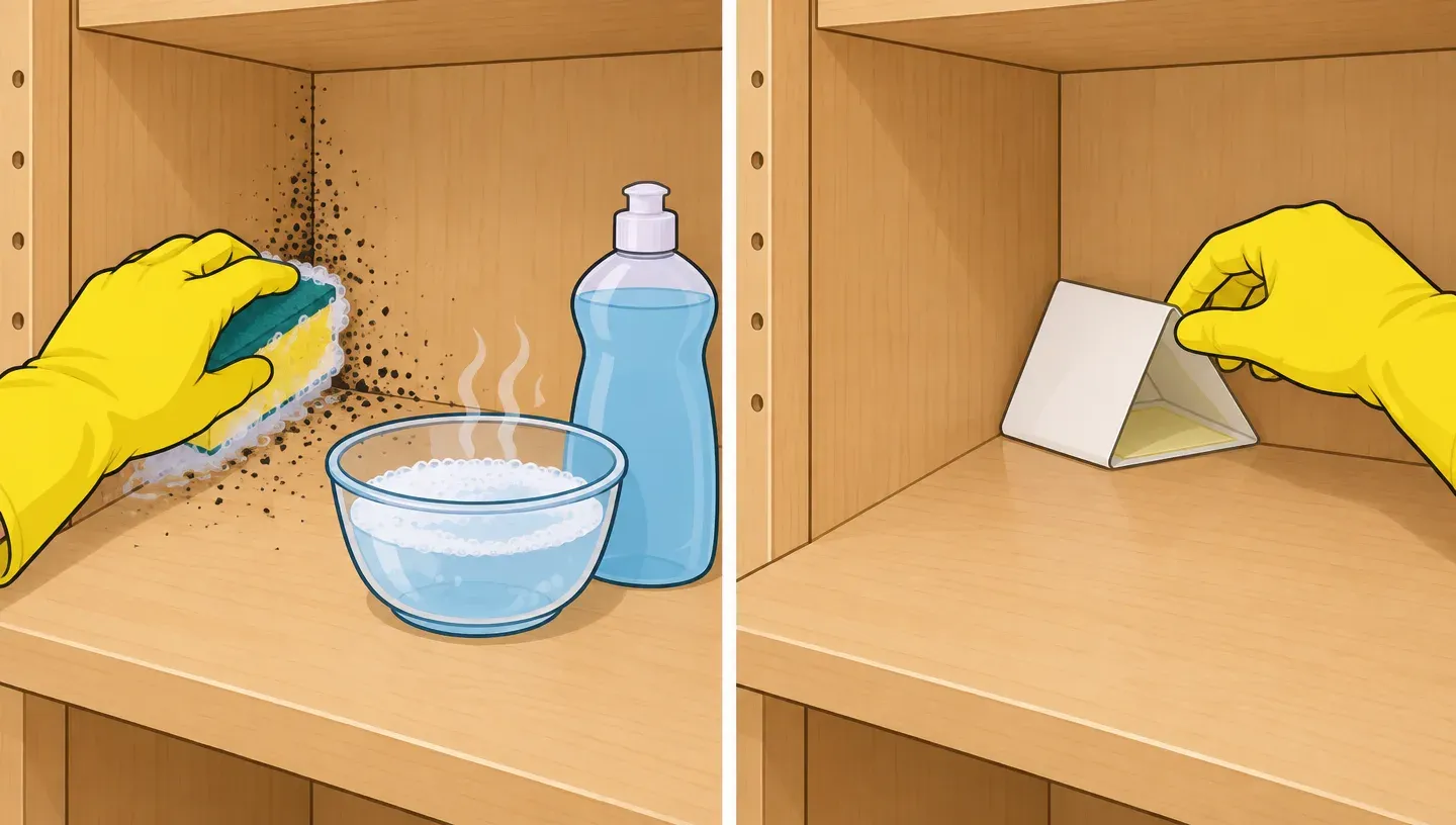 Two panels: gloved hands scrubbing a cabinet shelf with a soapy sponge, then placing a folded sticky trap against the back corner of the clean shelf