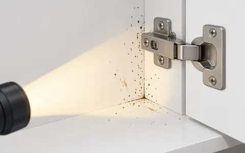 Illustration: close-up of the inside corner of a kitchen cabinet hinge with tiny dark pepper-like specks and small smear marks on white laminate, a flashlight beam crossing the frame.