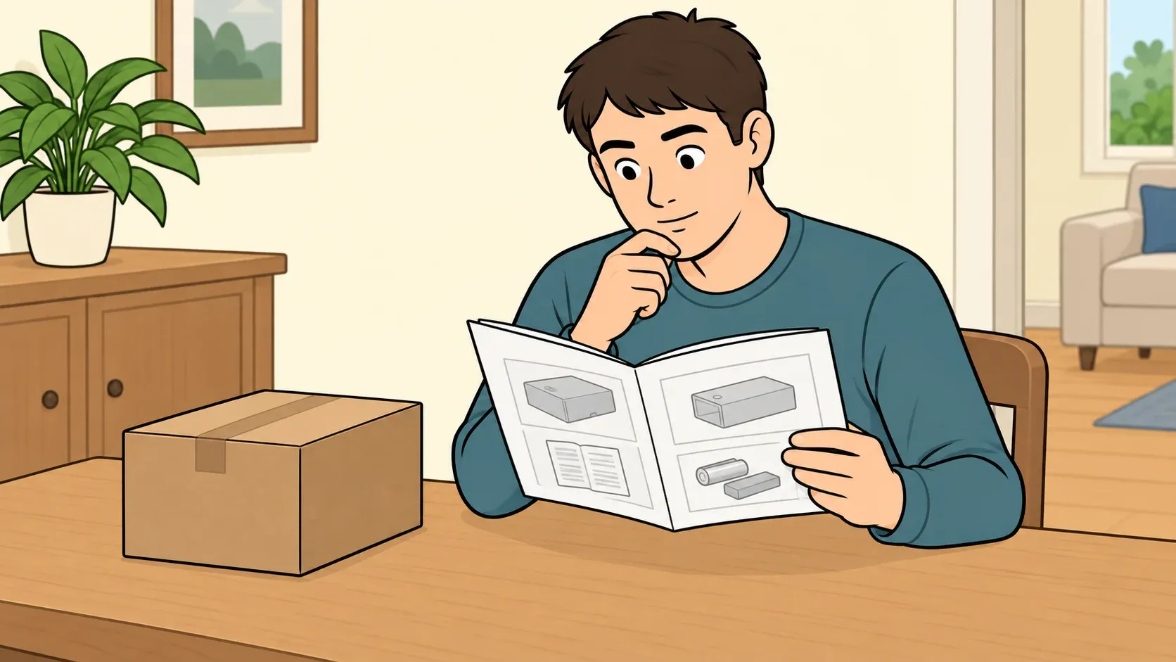 A homeowner reads an instruction leaflet beside a closed, unbranded product box