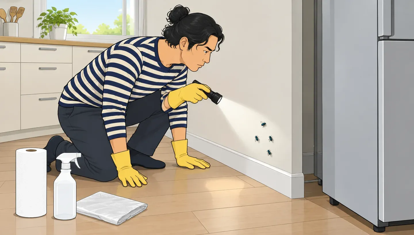 A man in a striped long-sleeve tee and yellow gloves kneels by a kitchen baseboard with a flashlight, following a dead mouse smell toward a few flies on the wall