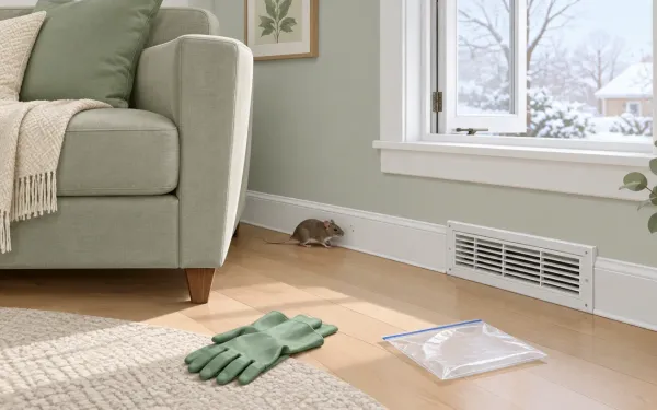 Illustration: quiet living room corner in winter daylight with a sofa pulled slightly away from the wall, a heating vent on the baseboard and an open window letting in fresh air, a pair of rubber gloves and a sealed plastic bag on the floor.