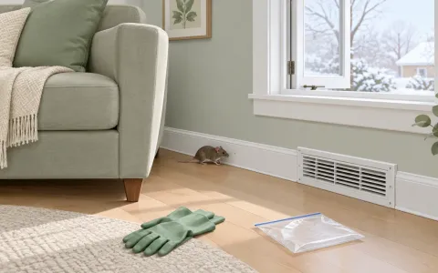 Illustration: quiet living room corner in winter daylight with a sofa pulled slightly away from the wall, a heating vent on the baseboard and an open window letting in fresh air, a pair of rubber gloves and a sealed plastic bag on the floor.