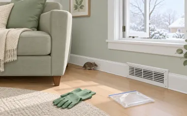 Illustration: quiet living room corner in winter daylight with a sofa pulled slightly away from the wall, a heating vent on the baseboard and an open window letting in fresh air, a pair of rubber gloves and a sealed plastic bag on the floor.