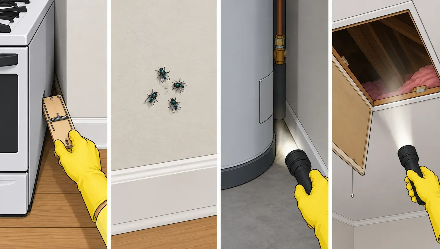 Four panels: gloved hands pulling a snap trap from behind a stove, flies gathered on one spot of a wall, a flashlight shining behind a water heater, and a flashlight pointed into an open attic hatch