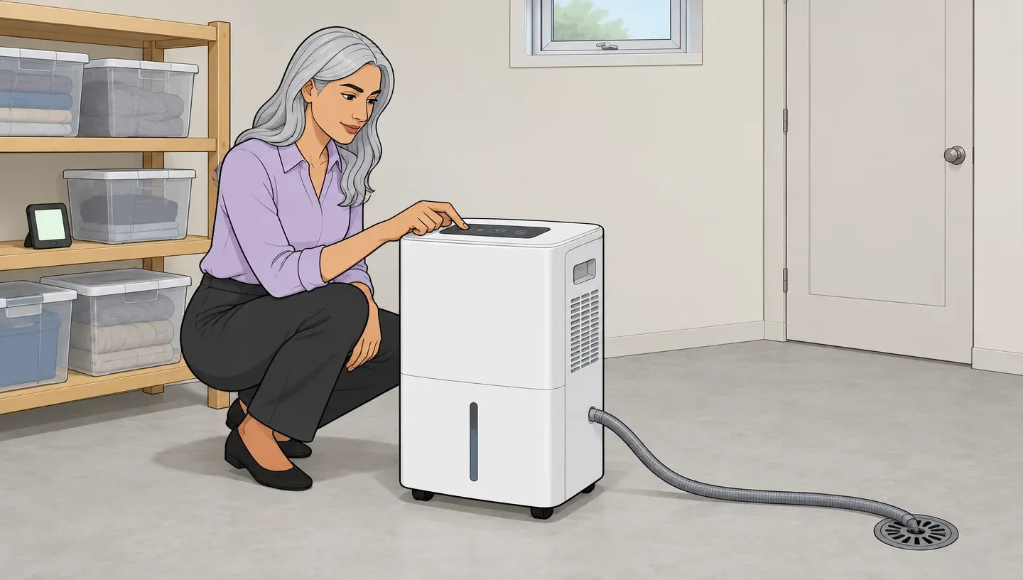 A woman with silver hair sets the humidity level on a portable dehumidifier in a basement, a drain hose running to the floor drain
