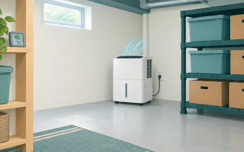 Illustration: tidy finished basement with a compact dehumidifier running in the corner, a small digital hygrometer on a shelf, and stored boxes raised on a plastic rack.