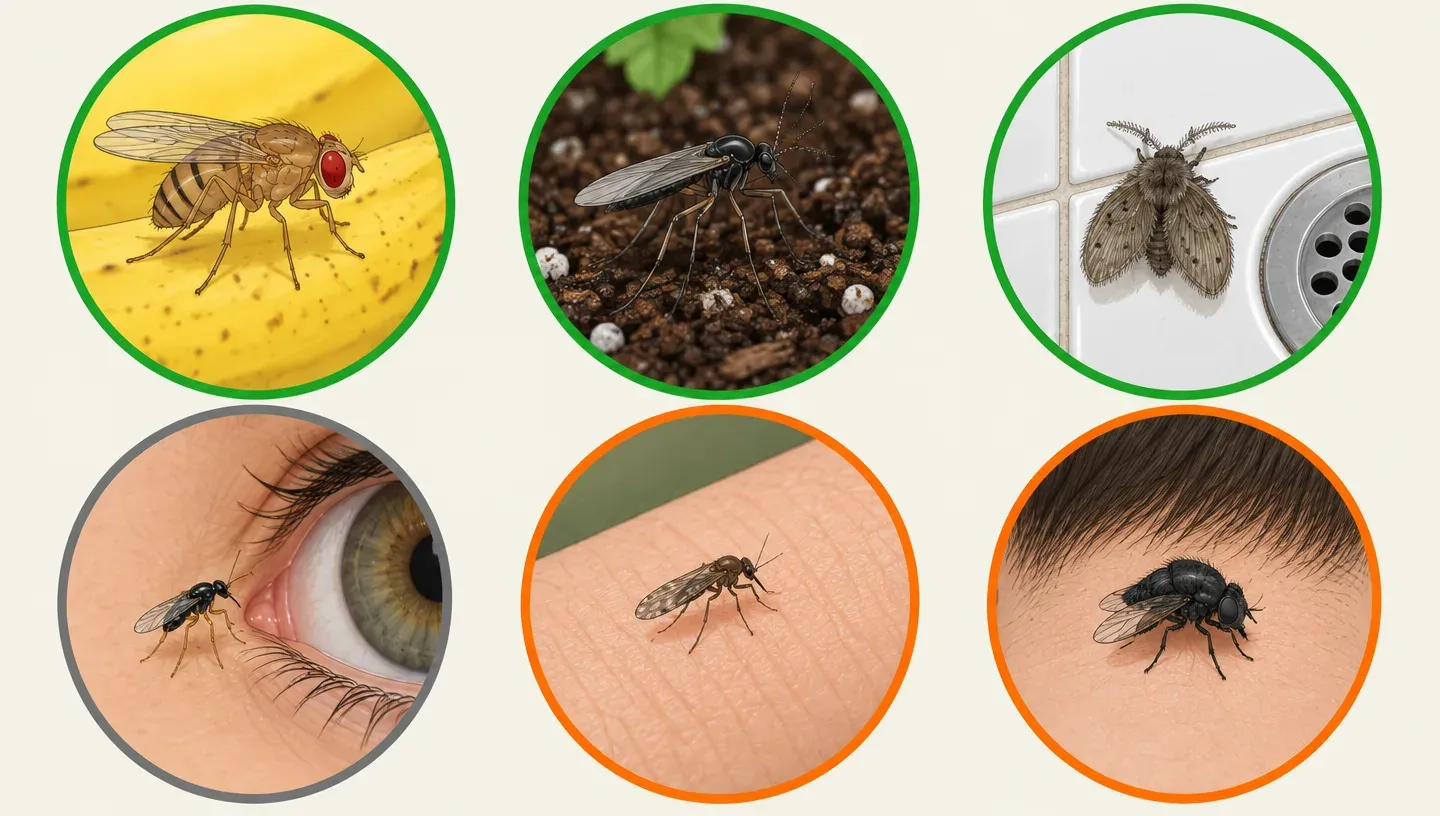 Six small flies in circles: a fruit fly, a fungus gnat and a drain fly in green frames, an eye gnat in a gray frame, and a biting midge and a black fly in orange frames
