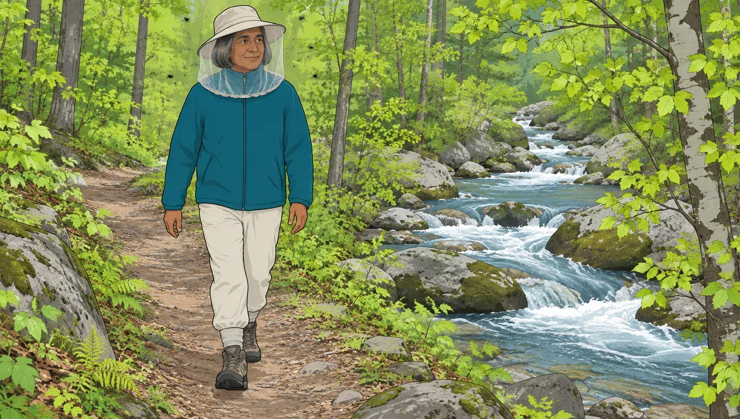 A man in a teal fleece hikes beside a stream in a mesh head net, light pants tucked into his socks, with small black flies hovering around him