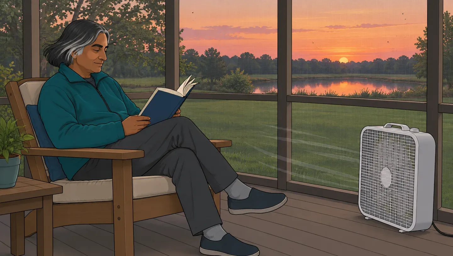 At dusk on a screened porch, a man in a teal fleece sits beside a box fan blowing across his chair