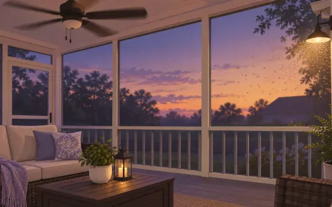Illustration: screened back porch at dusk with a ceiling fan turning, citronella-free and quiet, a faint cloud of tiny gnats near the porch light outside the screen.