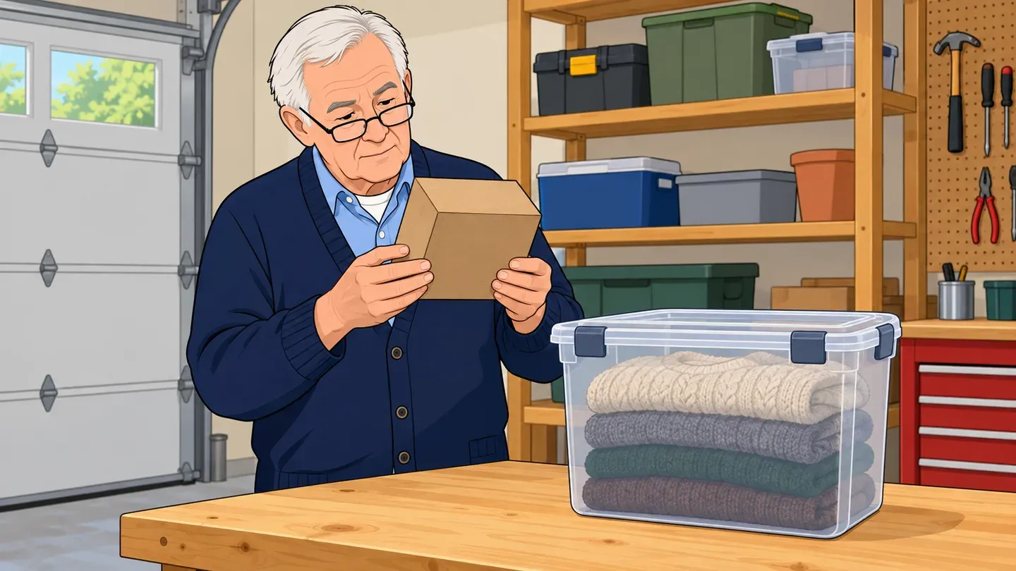 A man in a garage reads the label on a box of mothballs while a sealed plastic storage bin sits beside him