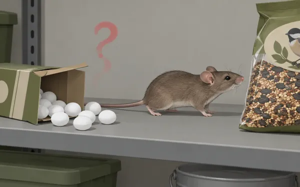 Illustration: box of mothballs spilling white balls on a garage shelf, with a mouse calmly sniffing past them toward a bag of birdseed, a faint red question mark of fumes above.