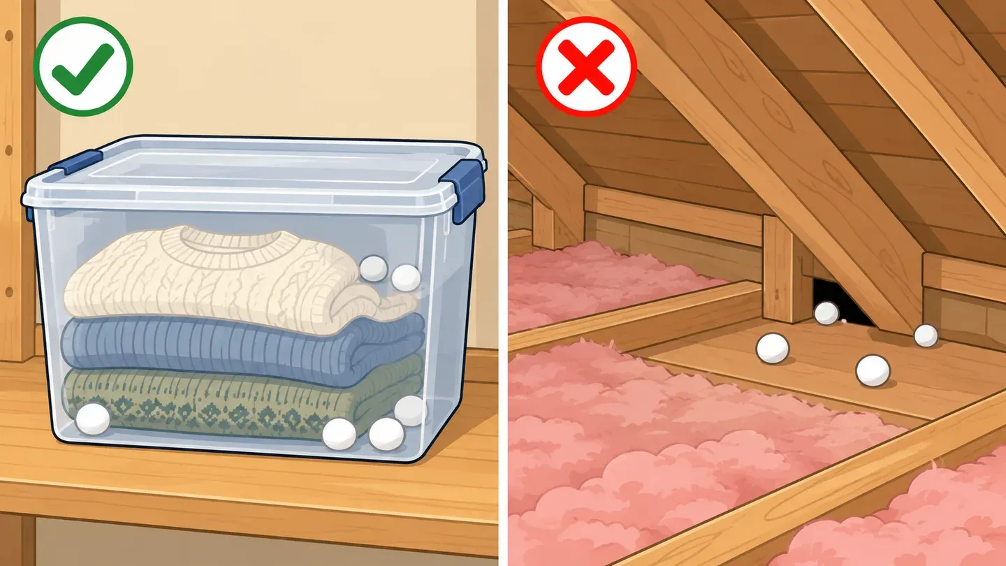 Two panels: wool sweaters and mothballs sealed inside a clear plastic storage box with the lid clipped shut, next to an open attic floor with loose mothballs crossed out