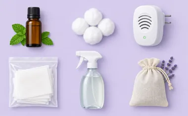 Illustration: top-down flat lay of common mouse repellents in a neat grid on a pale table: peppermint oil bottle, cotton balls, a plug-in ultrasonic device, a pouch of dryer sheets, a spray bottle, a sachet.