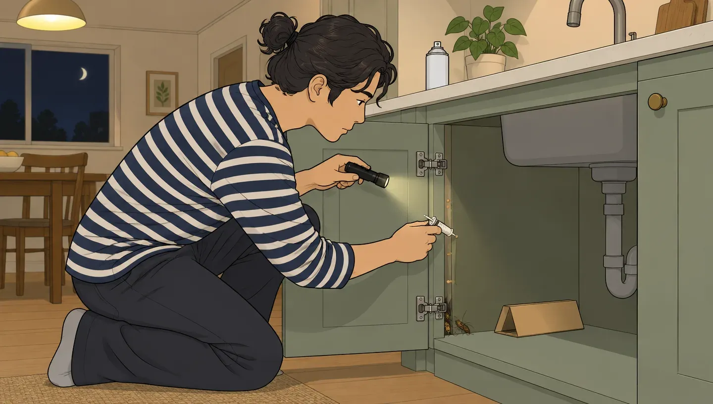 A man with his hair in a bun dabs gel bait into a cabinet hinge gap under the kitchen sink while an unopened roach bomb sits on the counter
