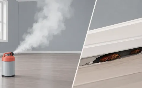 Illustration: two halves: left, an aerosol fogger canister on the floor of an empty room with mist rising to the open middle of the room; right, close view of a crack behind a baseboard where cockroaches hide untouched.