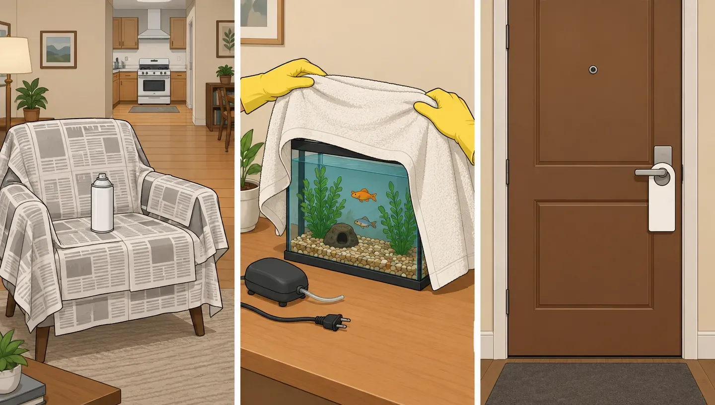 Three panels: a fogger on newspaper on a chair in the middle of a room, gloved hands covering a fish tank with a towel, and a blank tag hung on a front door handle