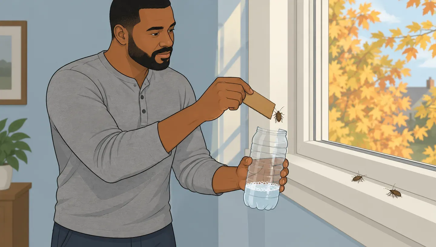 A bearded man in a gray henley brushes a stink bug off a sunny window frame into a cut-off plastic bottle of soapy water