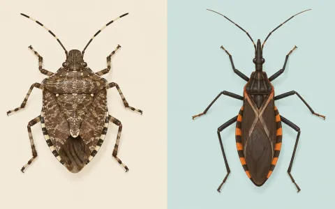 Illustration: two halves side by side on plain backgrounds: left, a brown marmorated stink bug with its broad shield-shaped body and banded antennae; right, a kissing bug with a long narrow cone-shaped head and orange-striped abdomen edges.