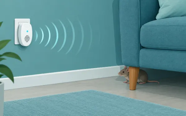 Illustration: plug-in ultrasonic pest repeller in a wall outlet emitting stylized sound-wave arcs that fade out against a couch, while a mouse sits behind the couch leg unbothered.