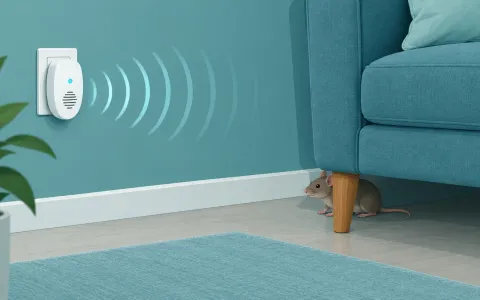 Illustration: plug-in ultrasonic pest repeller in a wall outlet emitting stylized sound-wave arcs that fade out against a couch, while a mouse sits behind the couch leg unbothered.
