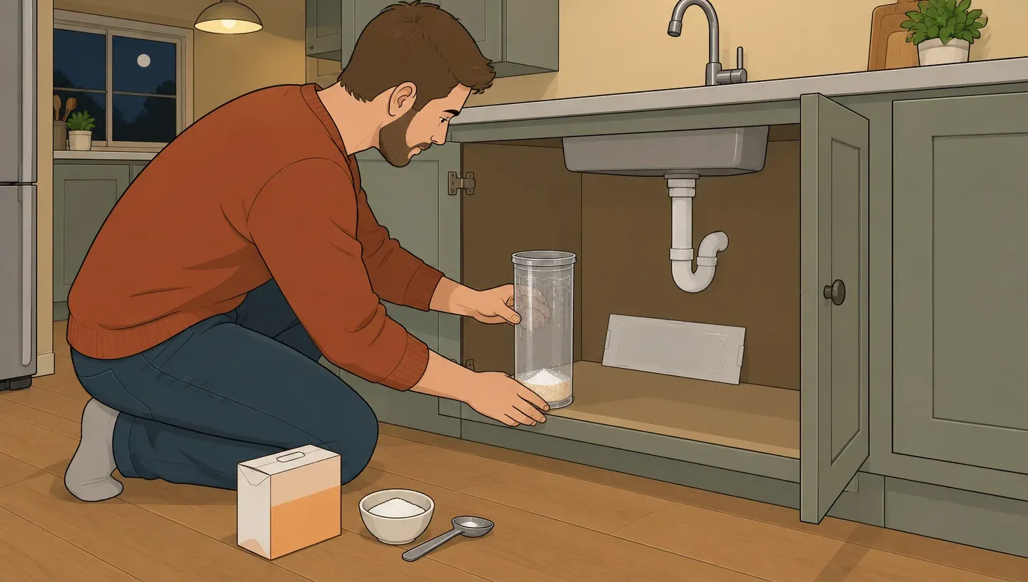A young man in a hijab and rust-colored sweater sets a jar trap with baking soda and sugar next to a sticky trap under the kitchen sink